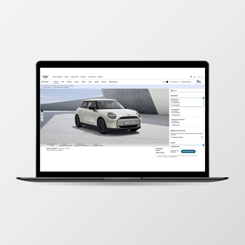 MINI Fahrzeugkonfigurator auf einem Laptop-Bildschirm.